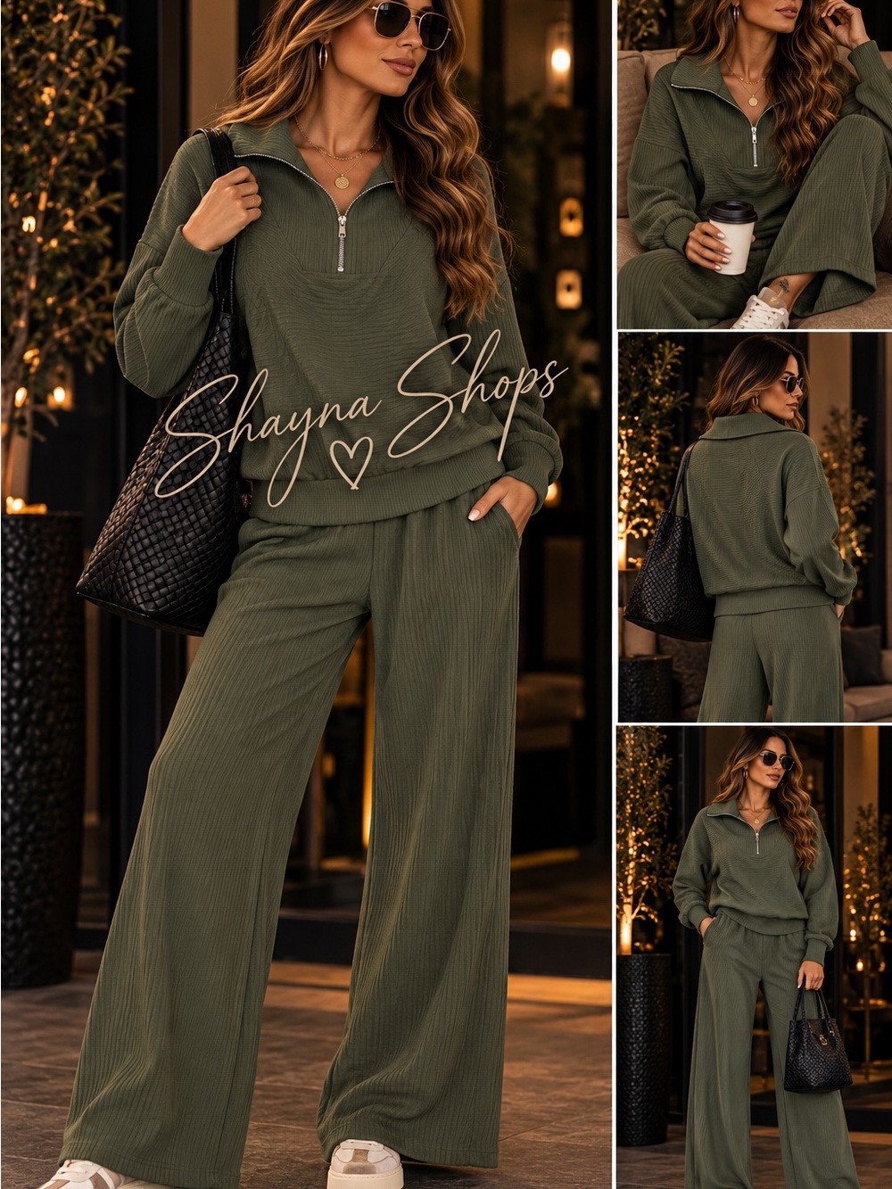 Zenana DK Olive Premium Ribbed Knit Wide-Leg Pants and Half Zip Pull Over Set